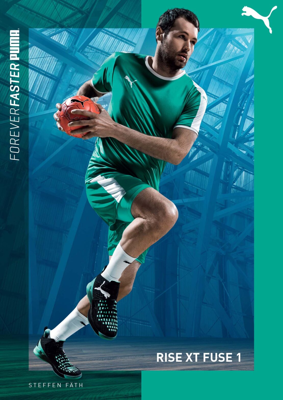 Male handball player in green and white uniform in mid-action, holding ball, sports advertisement for Puma with Rise XT Fuse 1.