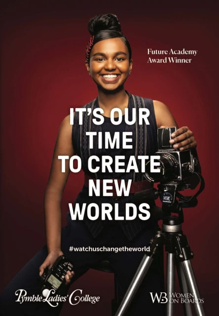 Young woman photographer holding a light meter and vintage camera on a tripod against a red background with motivational text overlay.