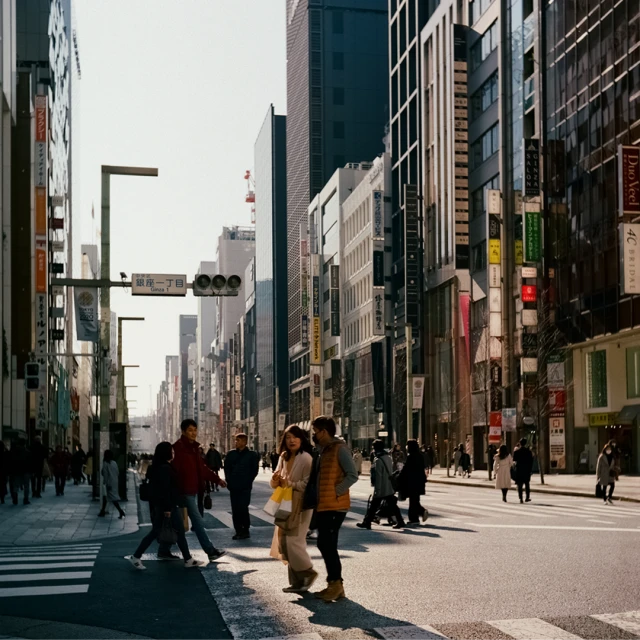 City street scene with pedestrians crossing at a crosswalk, surrounded by tall buildings under a bright, sunny sky.