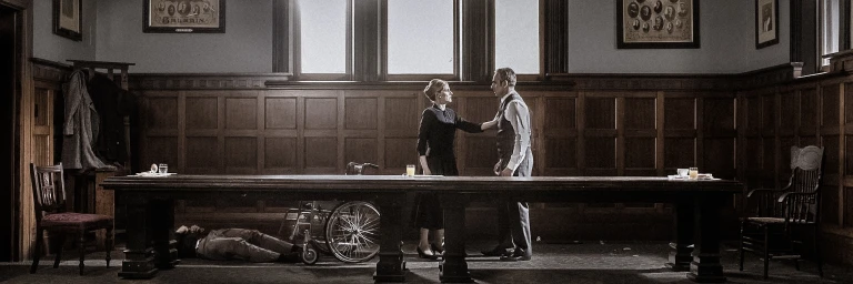 A man and woman standing by a long wooden table in a wood-paneled room, with a wheelchair and a person lying underneath.