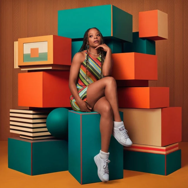 Young woman in a striped dress poses seated on stacked teal and orange blocks with geometric wall art and a brown backdrop.