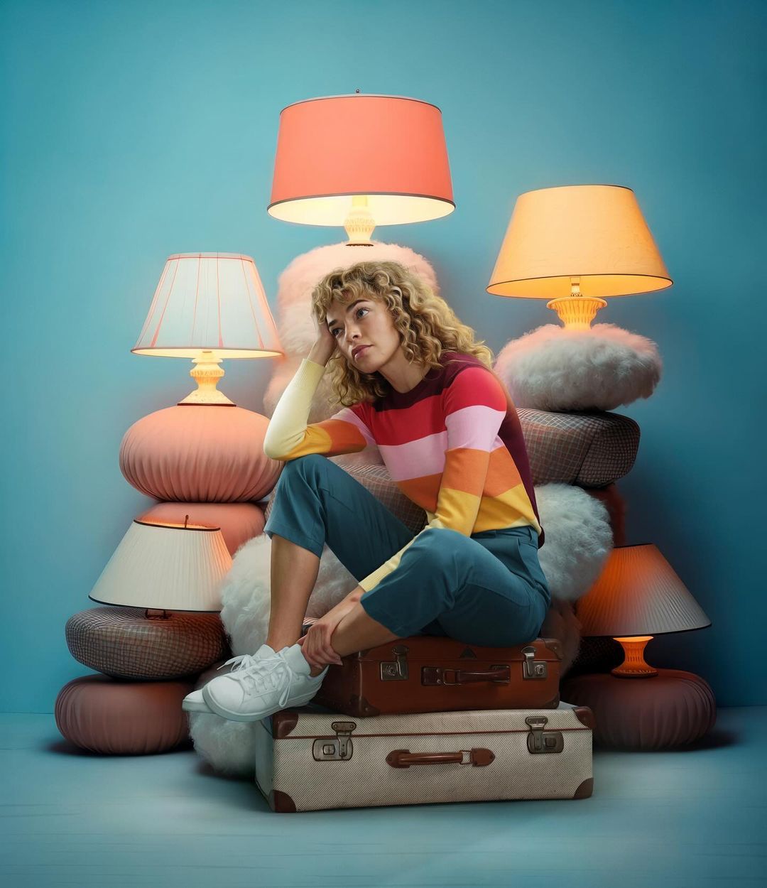 Blonde woman sits on vintage suitcases surrounded by pastel lamps with a thoughtful expression against a light blue studio backdrop.