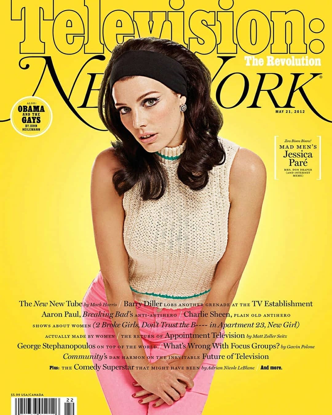 Magazine cover featuring Jessica Paré with a vintage-inspired look against a bright yellow background with bold typography.
