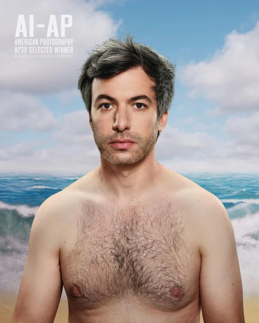Portrait of a bare-chested adult male with grey hair against a backdrop of ocean waves and cloudy blue skies, with overlaid text.
