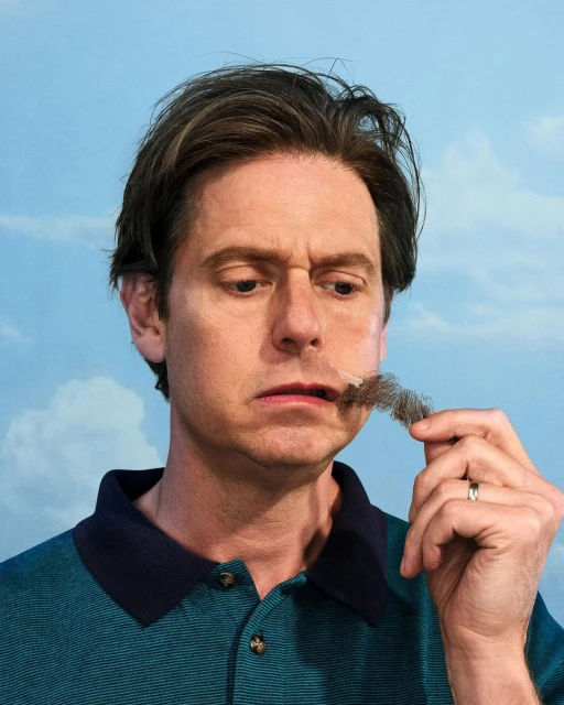 Portrait of a middle-aged man in a teal polo shirt holding a clump of dark facial hair towards his face, set against a blue sky backdrop.