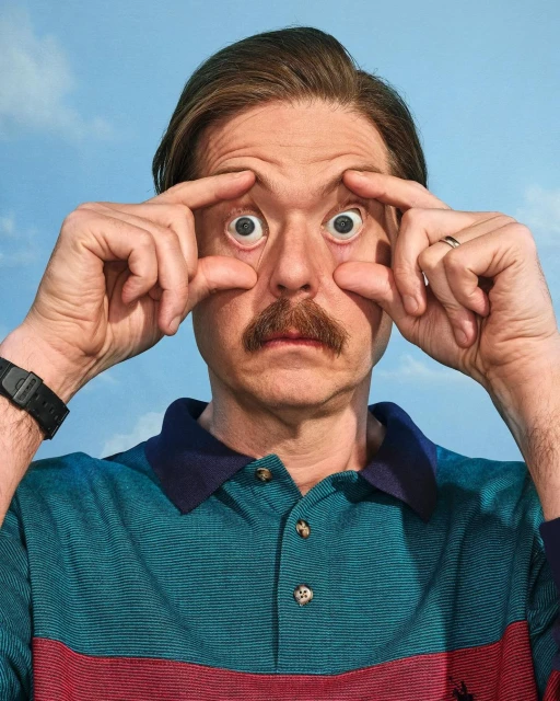 Man with mustache stretches his eyes open wide with his fingers; he wears a striped polo shirt against a bright blue sky.