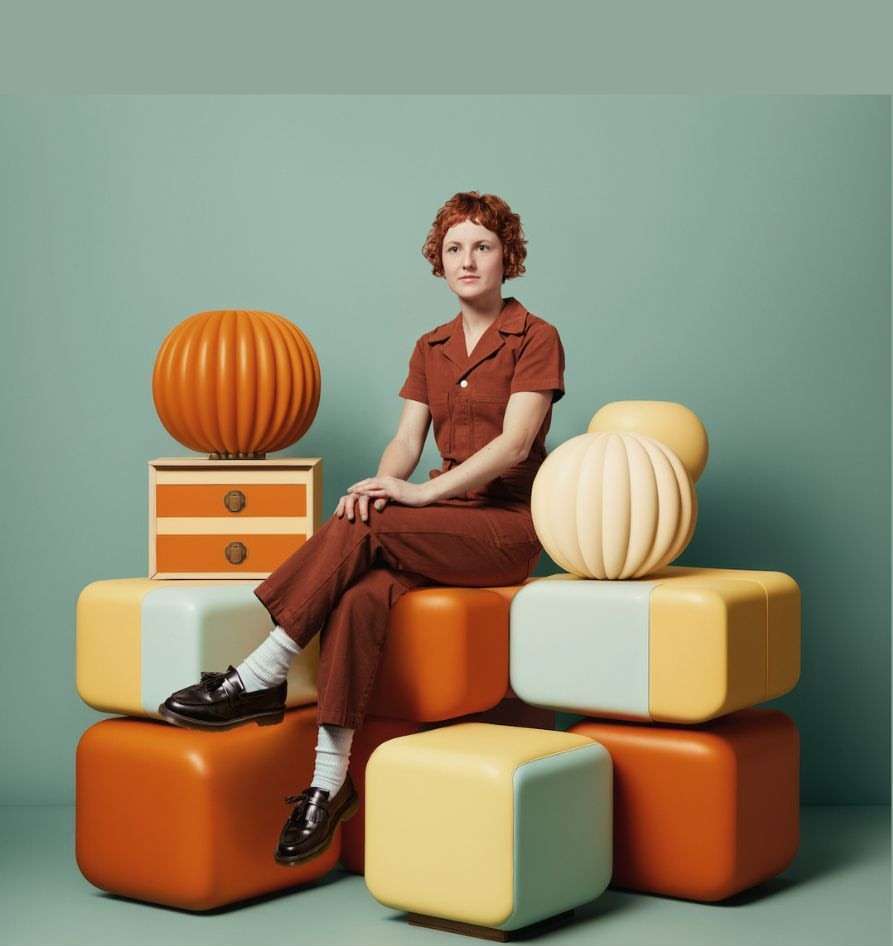 Woman with reddish-brown hair and overalls sits on a stack of colorful, cube-shaped objects in a studio with a blue background.