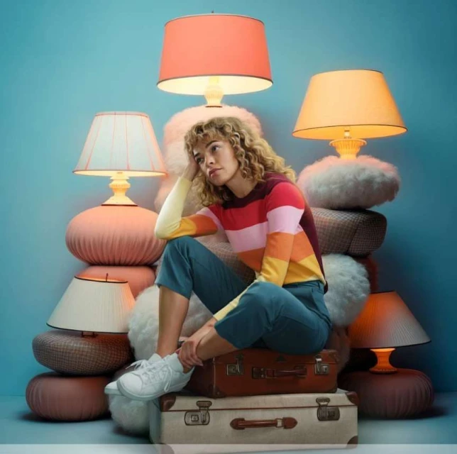 Young woman sits on vintage suitcases surrounded by lamps and cushions, wearing a striped sweater and teal pants against a teal background.