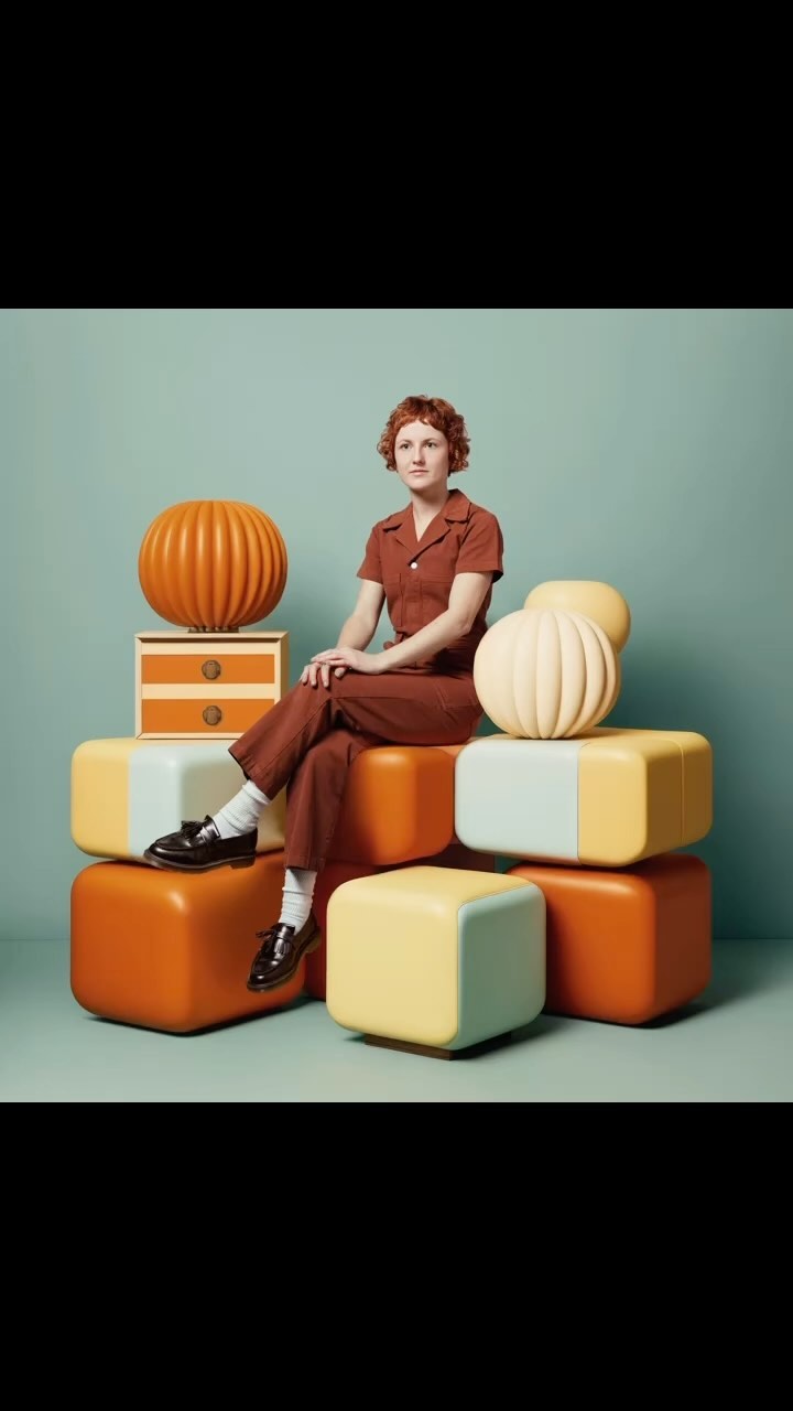 A woman with red hair sits cross-legged atop cubes next to carved pumpkins, wearing a brown jumpsuit against an aqua background.