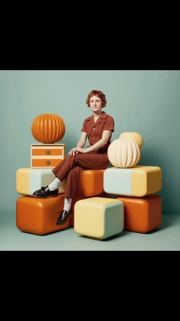 A woman with red hair sits cross-legged atop cubes next to carved pumpkins, wearing a brown jumpsuit against an aqua background.