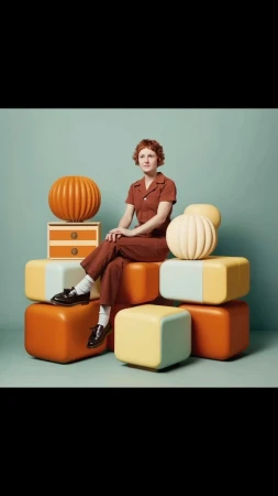 A woman with red hair sits cross-legged atop cubes next to carved pumpkins, wearing a brown jumpsuit against an aqua background.