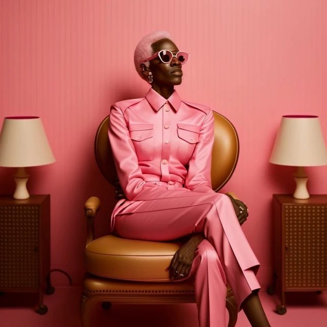 Woman in pink suit and pink hair, sitting on a gold chair between two lamps against a pink wall, wearing pink heart-shaped glasses.