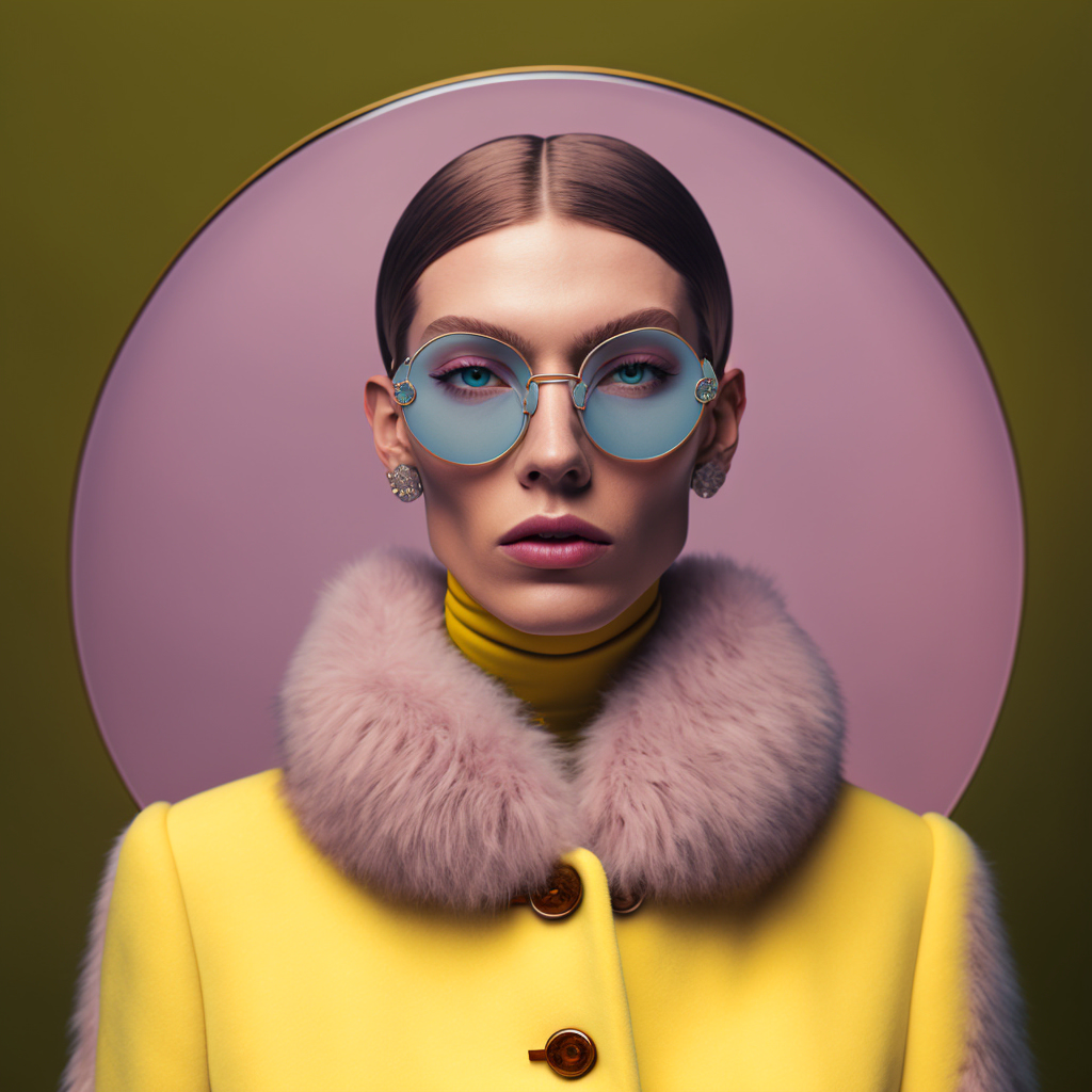 Woman in yellow coat with pink fur collar and round blue sunglasses, posing against a pink and olive-green background, fashion portrait.