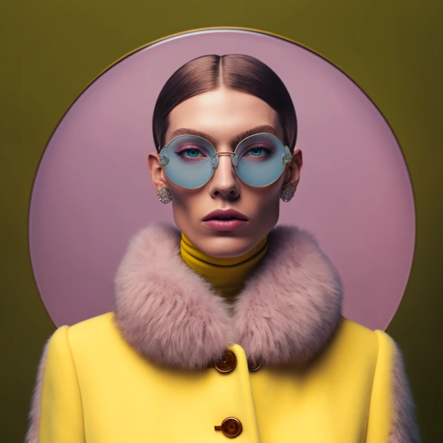 Woman in yellow coat with pink fur collar and round blue sunglasses, posing against a pink and olive-green background, fashion portrait.