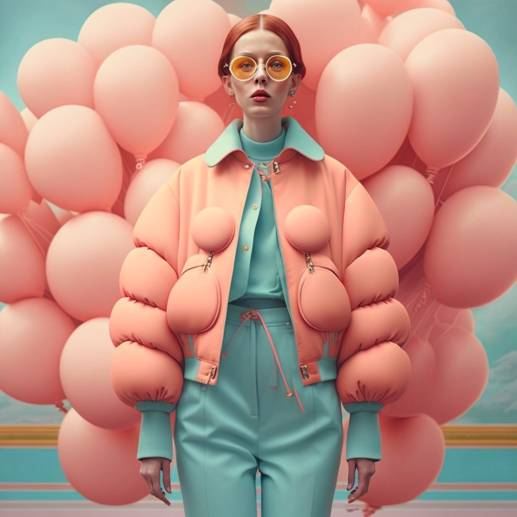 Elegant woman in stylish puffer jacket posing with a large bunch of light pink balloons, set against a bright blue sky backdrop.