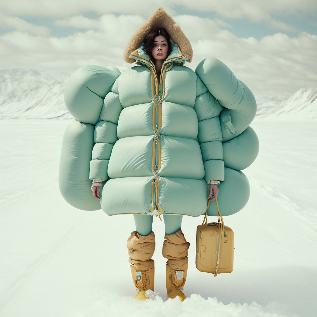 Fashion shot of a woman in an oversized, puffy mint-green coat with fur hood, paired with matching leggings and boots in a snowy field.