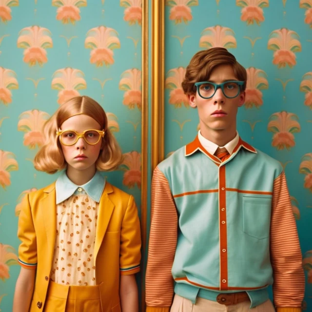 A retro-styled image shows a blond female child and a male teenager wearing vintage eyeglasses and colorful 1960s-era clothing.