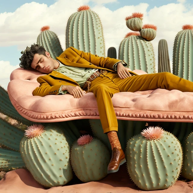 Man in mustard-colored suit rests on a pink couch surrounded by cacti under a blue sky with clouds in a surreal desert scene.