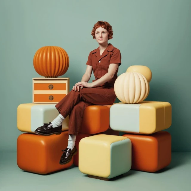 Young woman sits on a colorful block stack next to decorative pumpkins against a teal background in a studio setting.  