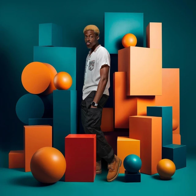 Stylish portrait of a young Black man surrounded by geometric blocks and spheres in orange, blue, and red against a teal backdrop.