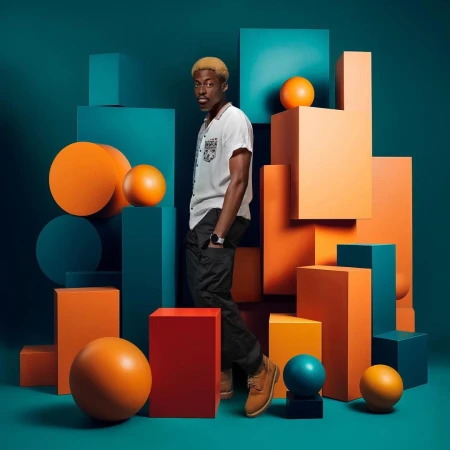 Stylish portrait of a young Black man surrounded by geometric blocks and spheres in orange, blue, and red against a teal backdrop.