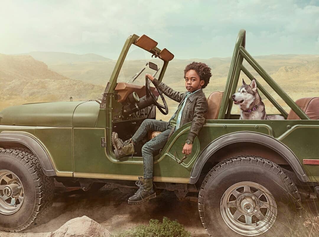 Boy sits in a green off-road vehicle in a desert landscape with a husky dog. Adventure and exploration, driving through a rugged terrain.