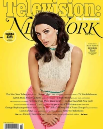 Magazine cover featuring Jessica Pare wearing a sleeveless knit top and headband against a vibrant yellow background.