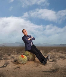 Bob Odenkirk leaning back with arms crossed while sitting on a round cactus in a desert landscape