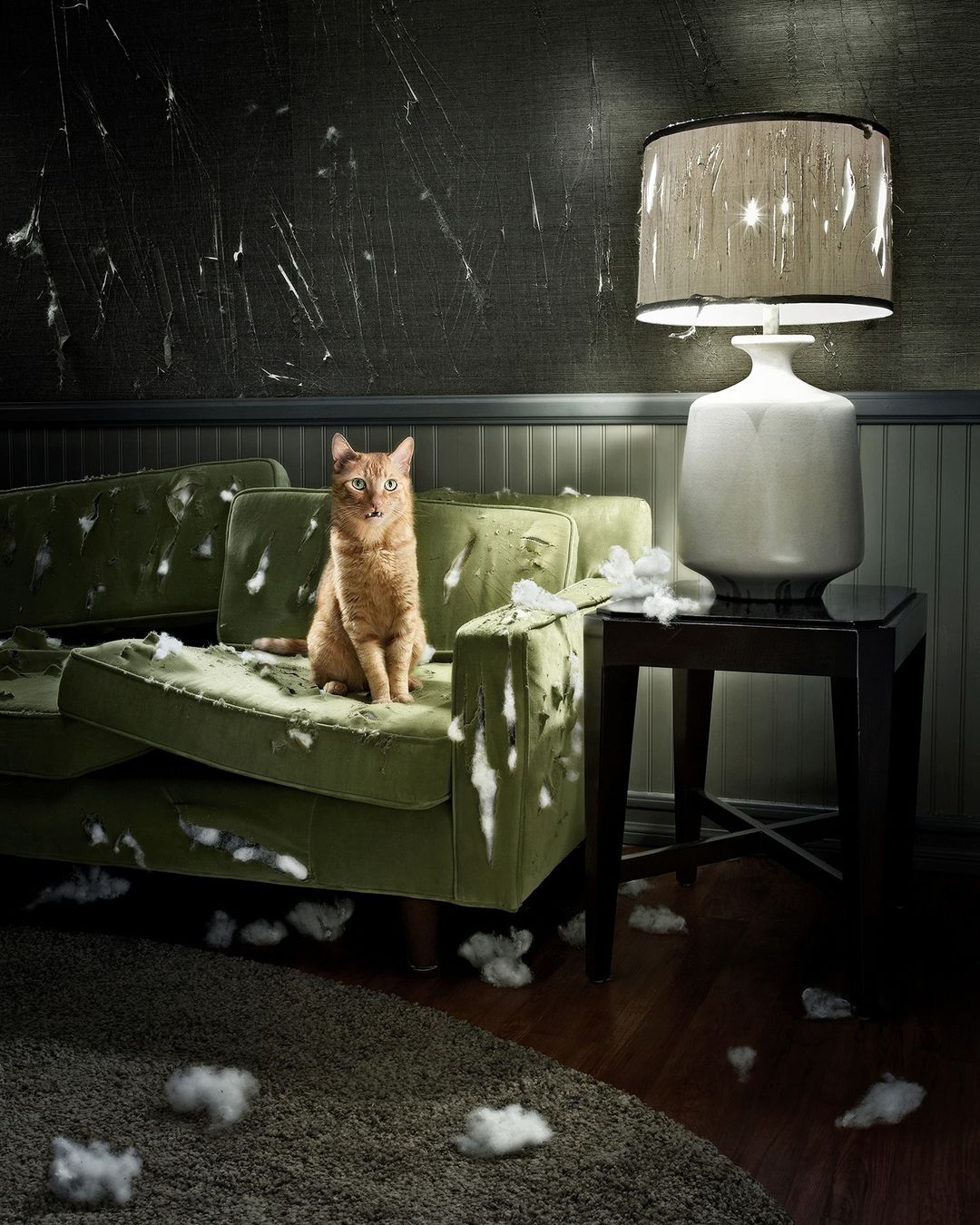 An orange tabby cat sits upright on a heavily scratched green velvet armchair surrounded by torn stuffing in a room.