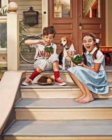 Young boy and girl with a beagle dog eating dessert on front porch steps, photographed by Zachary Scott.
