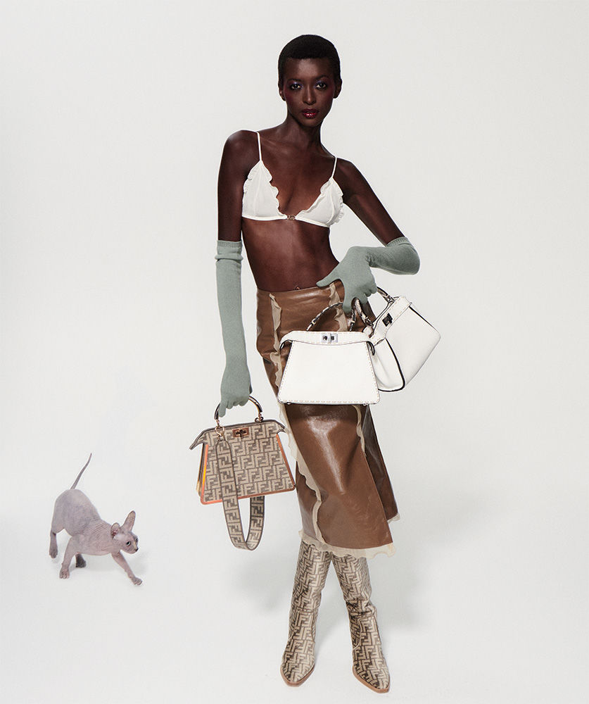 Fashion editorial shot of a Black woman posing with designer handbags, light green gloves, patterned skirt, and a hairless cat.