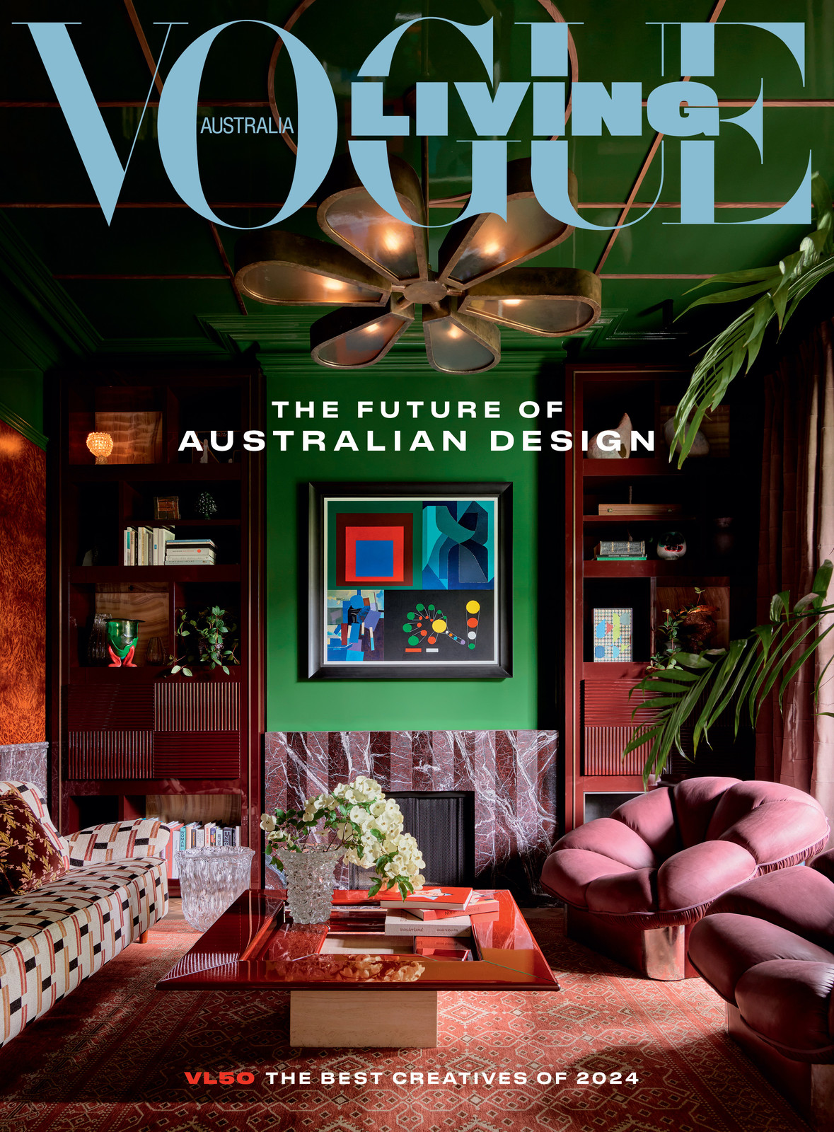 Interior of a home decorated with a red and green color scheme for the cover of Vogue Living Australia magazine, featuring modern furniture.