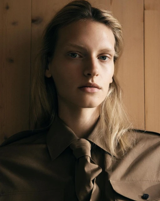 Close-up studio shot of a blonde adult female wearing a brown shirt with a tied neck, set against a warm wooden background.