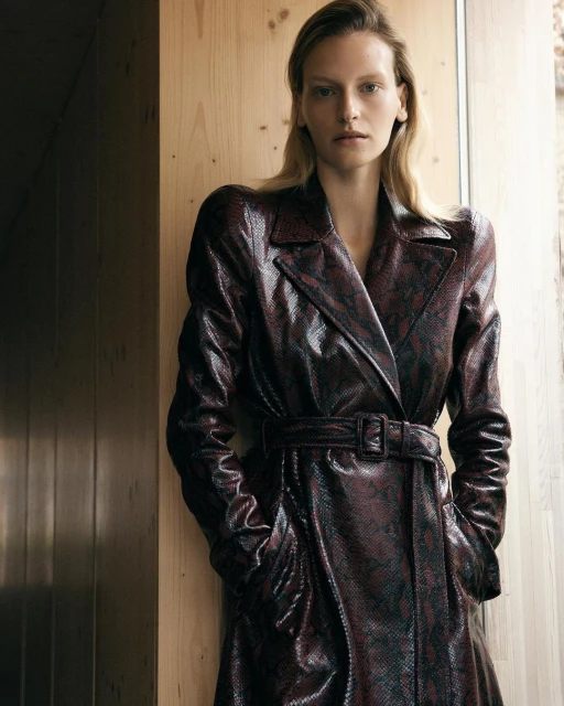 A blonde woman poses in a textured snakeskin trench coat indoors, with a serious expression, under natural light.