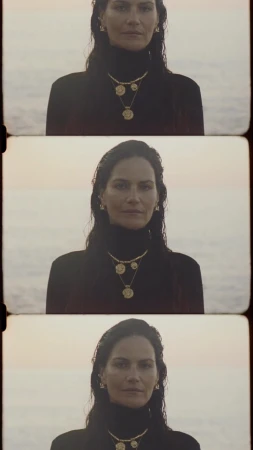 Close-up of an adult female model in front of an ocean backdrop, wearing a black top and gold jewelry, captured in a retro film style.