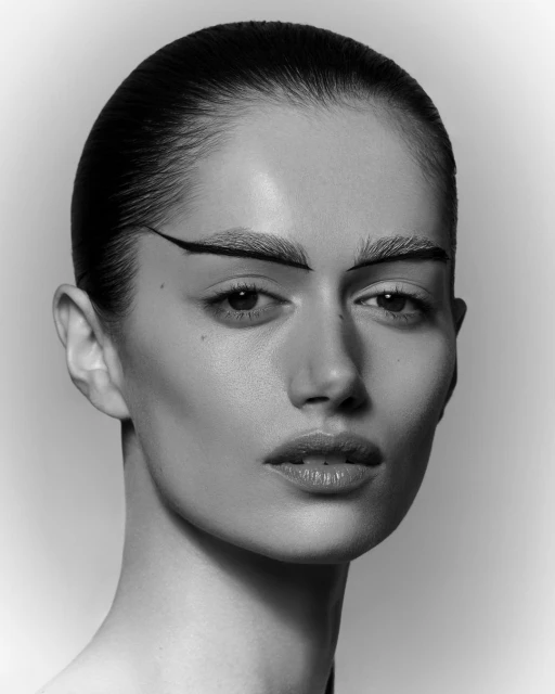 Black and white portrait of a woman with dramatic eye makeup. The woman poses with a serious expression in a studio setting.