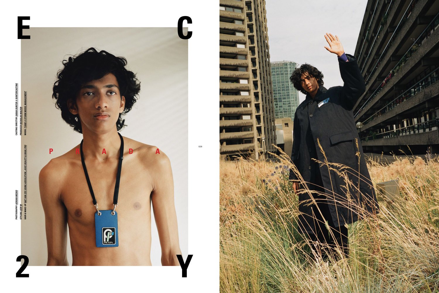 Editorial fashion spread featuring a young adult male model in a black coat waving in an outdoor urban setting and a shirtless model indoors.