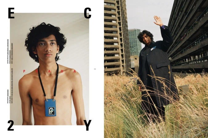 Editorial fashion spread featuring a young adult male model in a black coat waving in an outdoor urban setting and a shirtless model indoors.