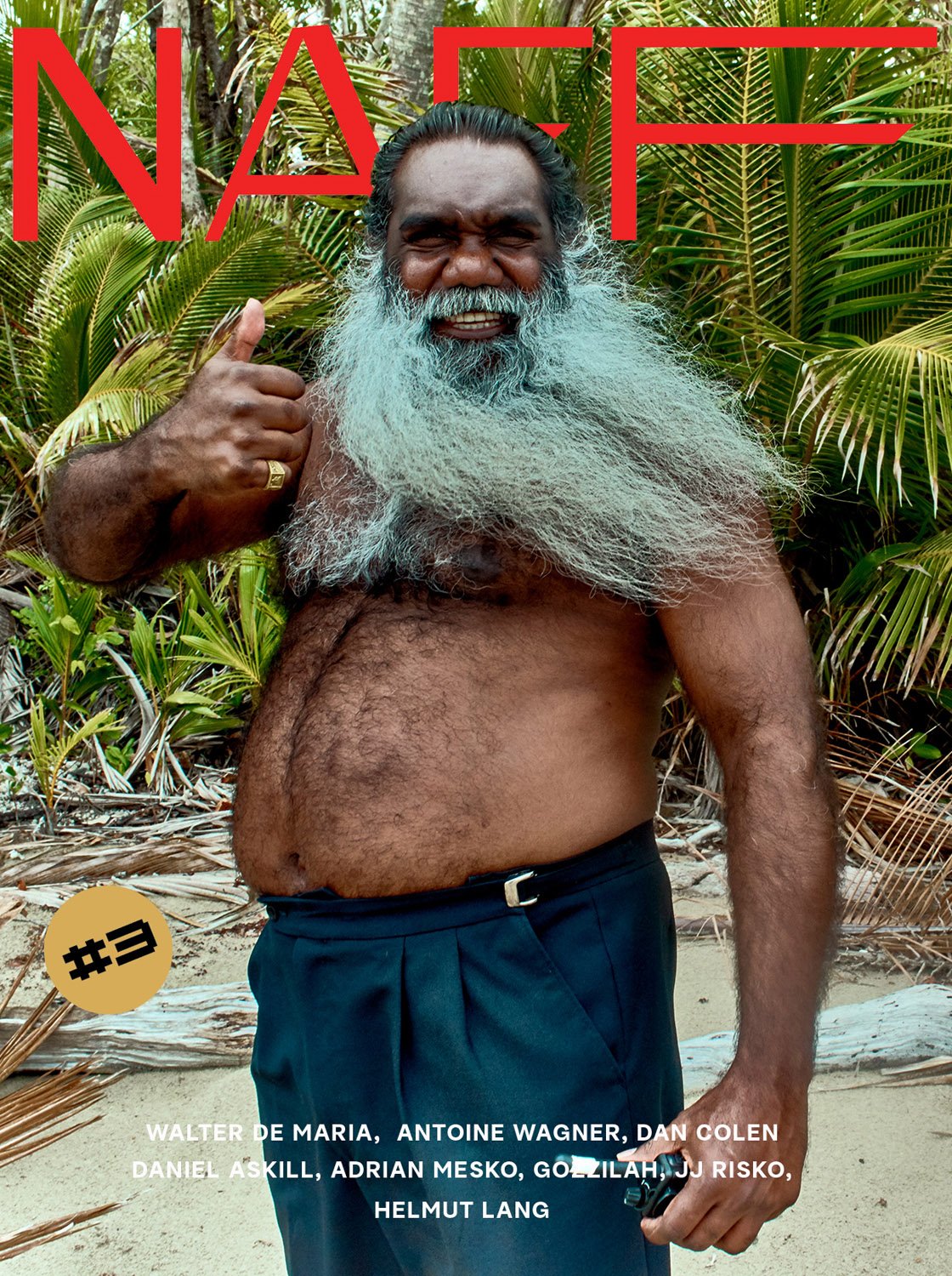 Editorial-style magazine cover shot: adult male model with long beard gives a thumbs-up amid palm trees, overlayed with red sans-serif text.