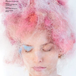 Close-up portrait of a woman with textured pink hair and light blue eyeshadow covered by wispy fibrous strands against a plain white background.