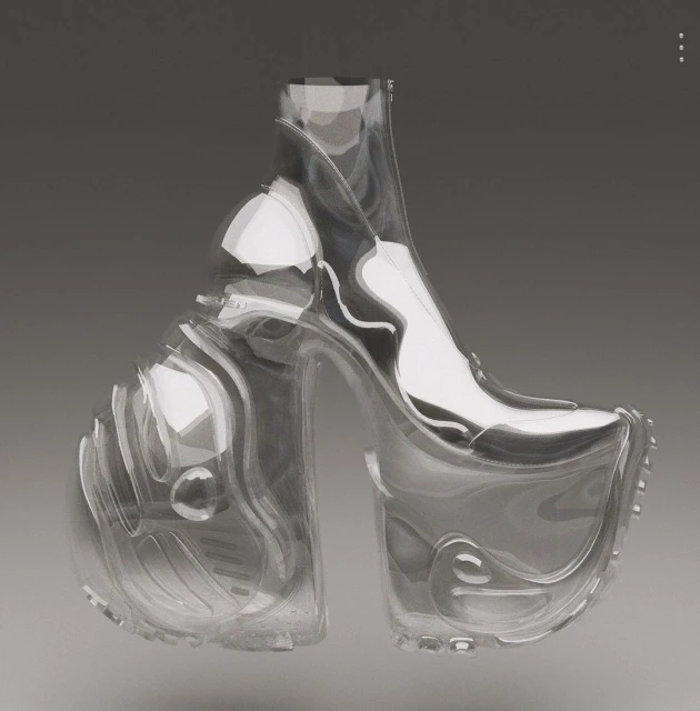 A pair of avant-garde clear platform boots with a visible inner structure are set against a neutral grey background.