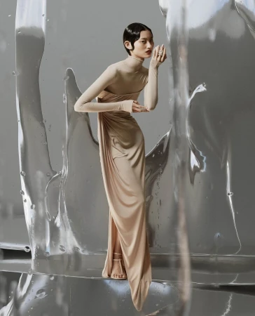 A woman in a long beige dress poses against a textured silver background, her hands near her face in a studio fashion shot.