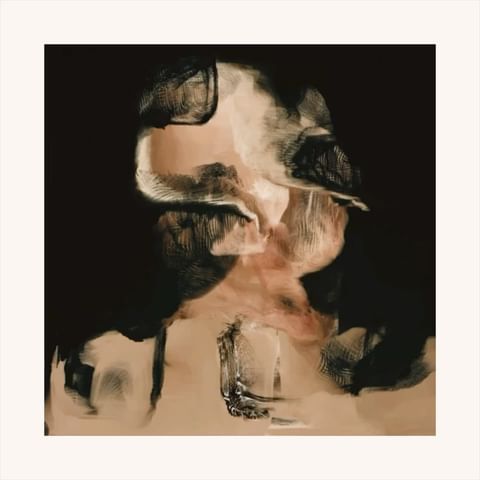 Abstract art featuring a human face with dynamic brushstrokes in muted earth tones, set against a dark background within a white border.