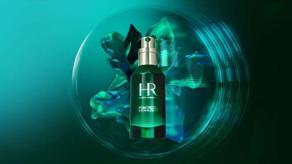 Close-up of Helena Rubinstein POWERCELL SKINMUNITY serum in a dark green bottle with silver pump, surrounded by abstract teal shapes.