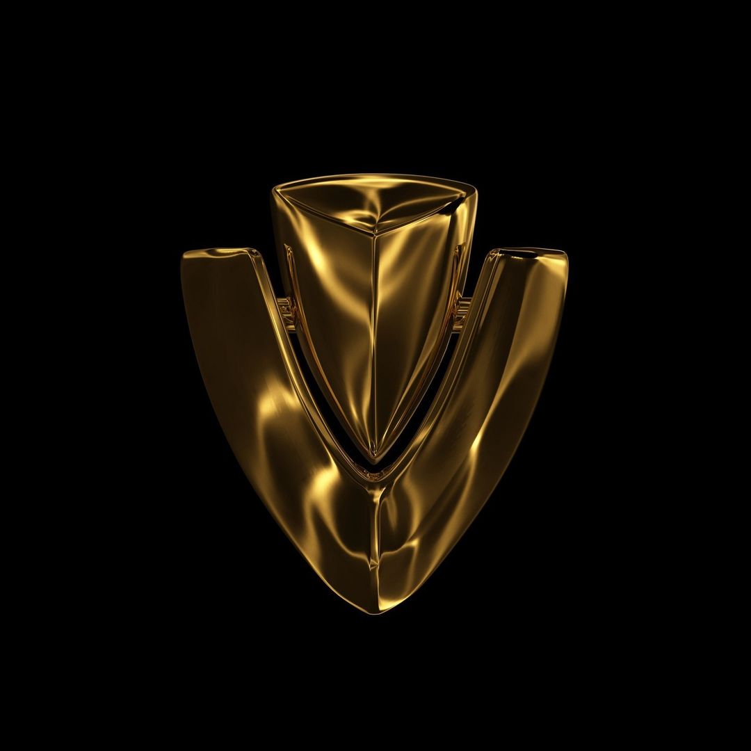 Gold-colored abstract emblem with geometric design, featuring a shield-like shape and smooth, reflective surfaces against black backdrop.