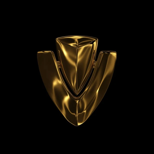 Gold-colored abstract emblem with geometric design, featuring a shield-like shape and smooth, reflective surfaces against black backdrop.