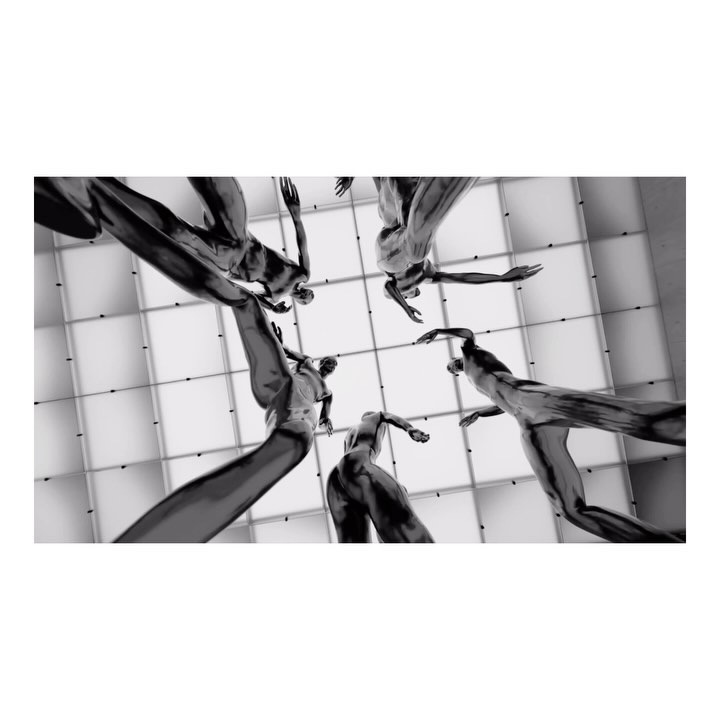 Monochrome art featuring five abstract human figures in dynamic poses against an illuminated geometric background, seen from a low angle.
