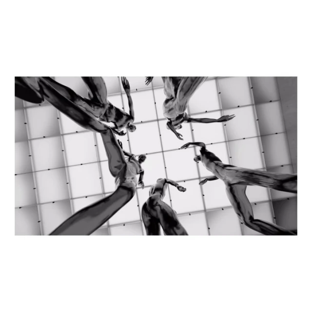 Monochrome art featuring five abstract human figures in dynamic poses against an illuminated geometric background, seen from a low angle.