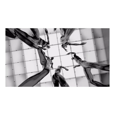 Monochrome art featuring five abstract human figures in dynamic poses against an illuminated geometric background, seen from a low angle.