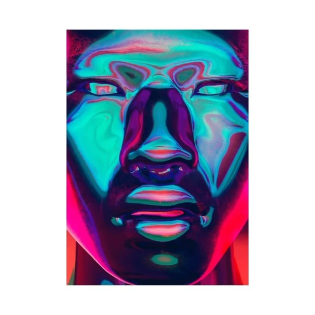 Artistic close-up of an adult's face with a turquoise and pink color wash, creating a surreal and eye-catching visual effect.